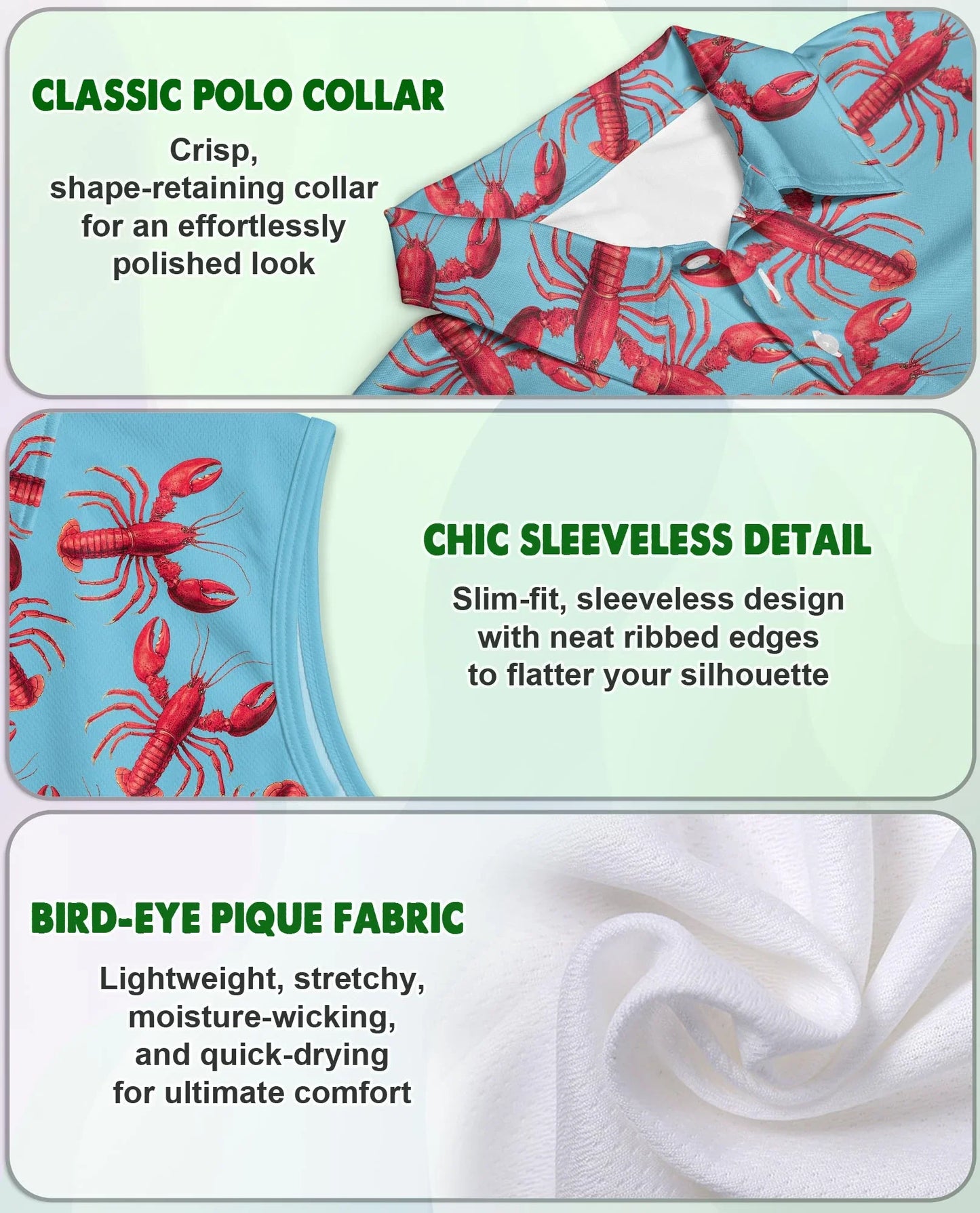 Lobster Red Pattern Sleeveless Polo Shirt for Women | Azhawaiian