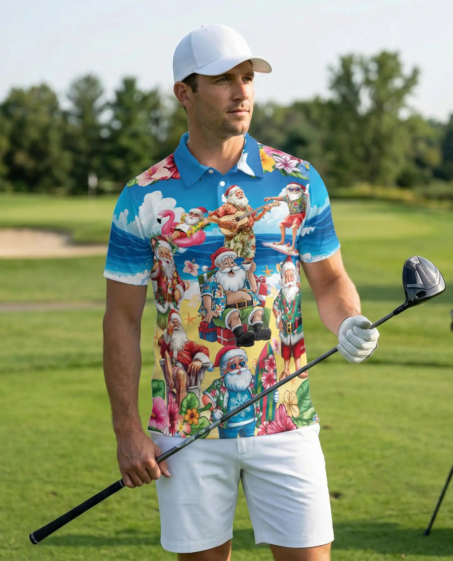 Santa Beach Holiday Polo Shirt for Men, Summer Hawaiian Xmas Shirt | Azhawaiian