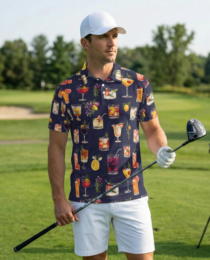 Cocktail Print Polo Shirt, Summer Drink Party Style | Azhawaiian