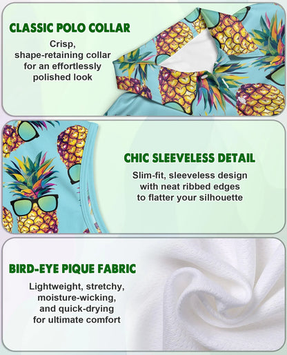 Pineapple Wearing Sunglasses Tropical Sleeveless Polo Shirt for Women | Azhawaiian
