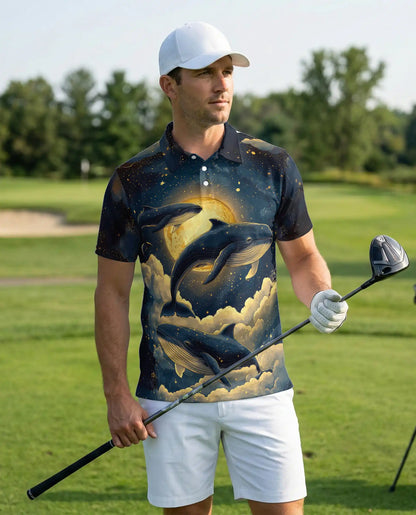 Whale Galaxy Polo Shirt, Moon Ocean Print | Azhawaiian