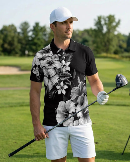 Black White Hibiscus Floral Polo Shirt for Men-Tropical Flower Summer | Azhawaiian