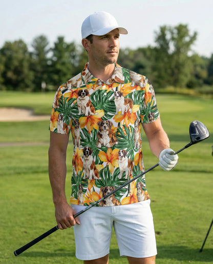 Saint Bernard Polo Shirt, Tropical Floral Dog Print | Azhawaiian