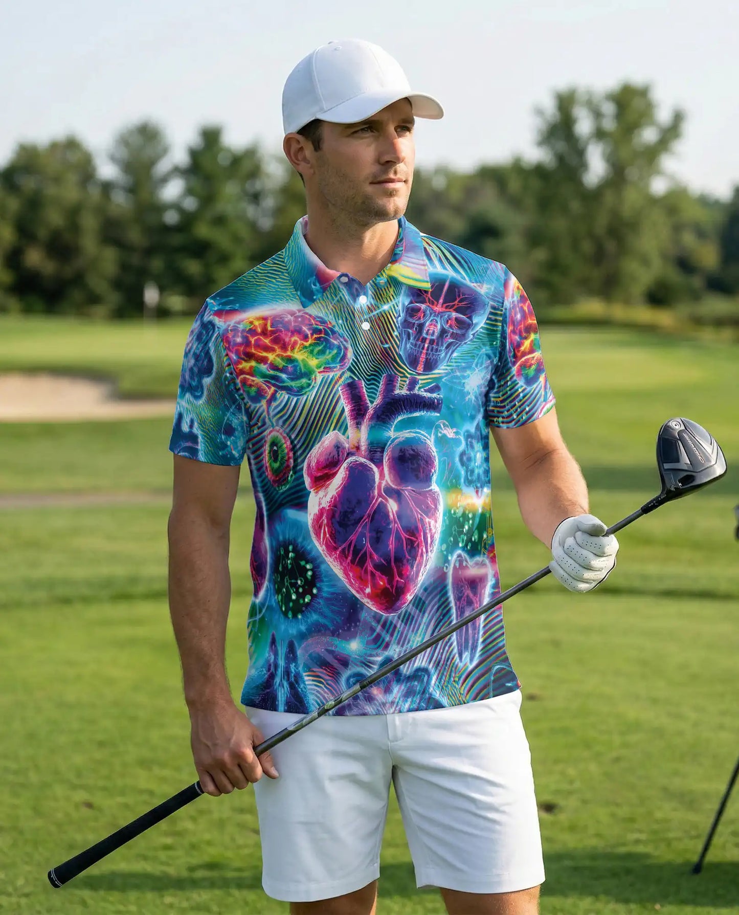 Medical  Polo Shirt, Neon Brain Heart Skull Design | Azhawaiian