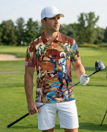 Jesus Dinosaur Polo Shirt, Fantasy Desert Print | Azhawaiian