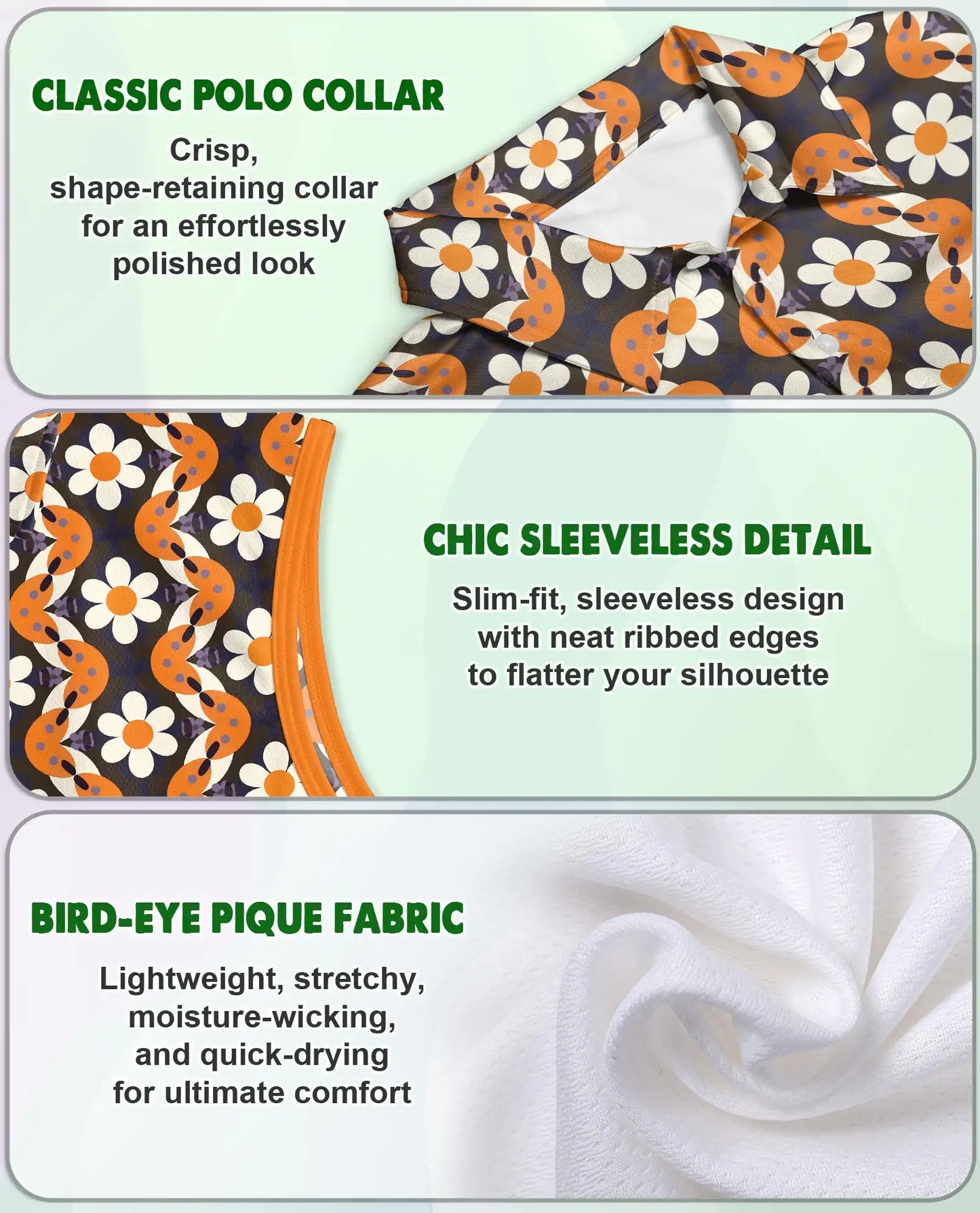 Orange Daisy Wave Pattern Sleeveless Polo Shirt for Women | Azhawaiian