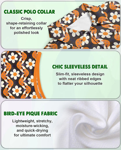 Orange Daisy Wave Pattern Sleeveless Polo Shirt for Women | Azhawaiian