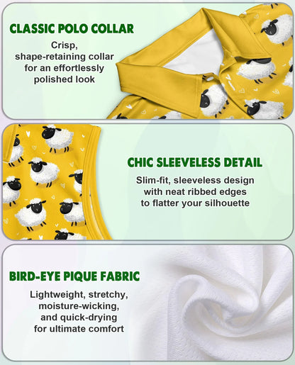 Cute Sheep Sleeveless Polo Shirt for Women, Adorable Farm Animal Style | Azhawaiian