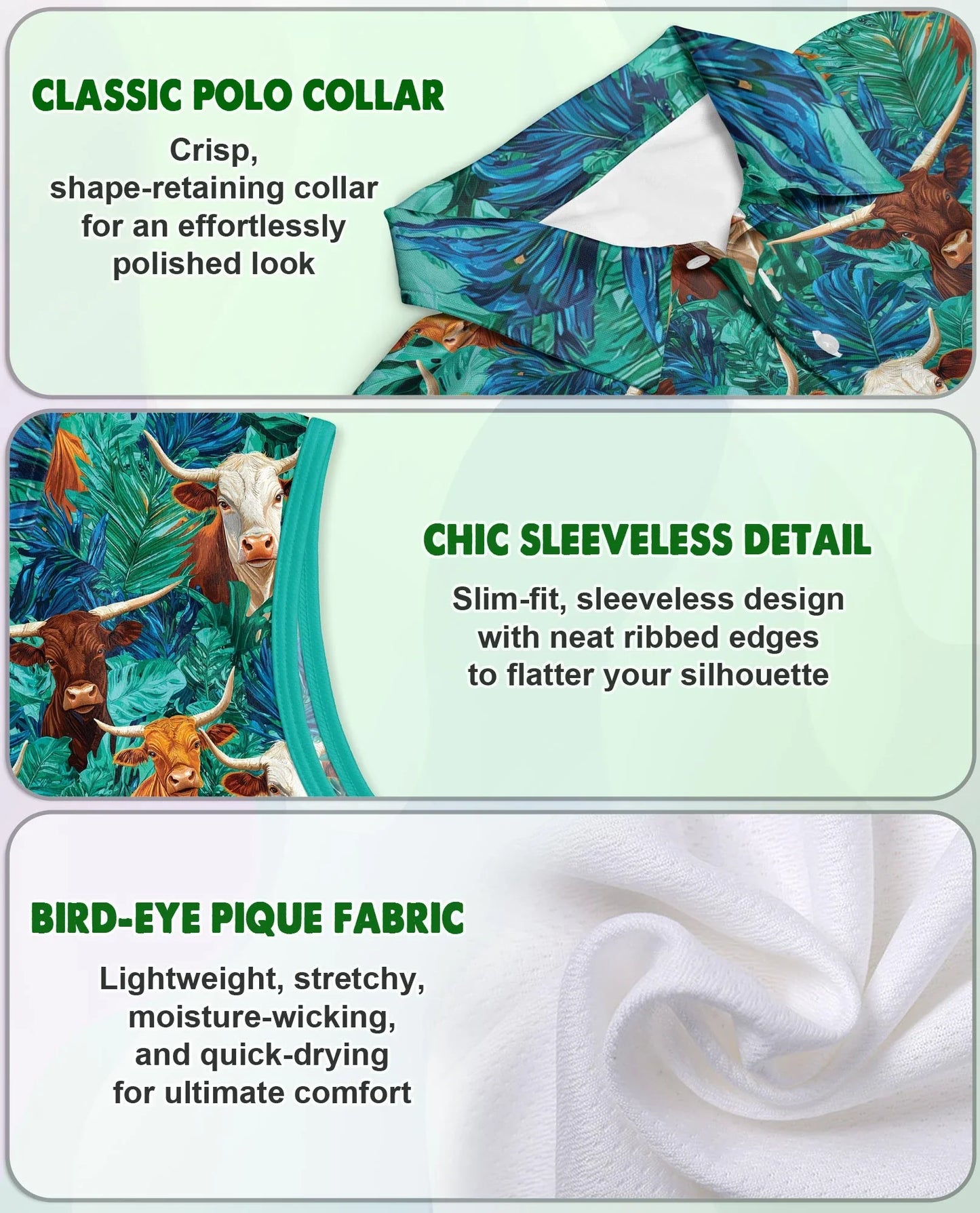 Cow and Tropical Leaves Pattern Sleeveless Polo Shirt for Women | Azhawaiian