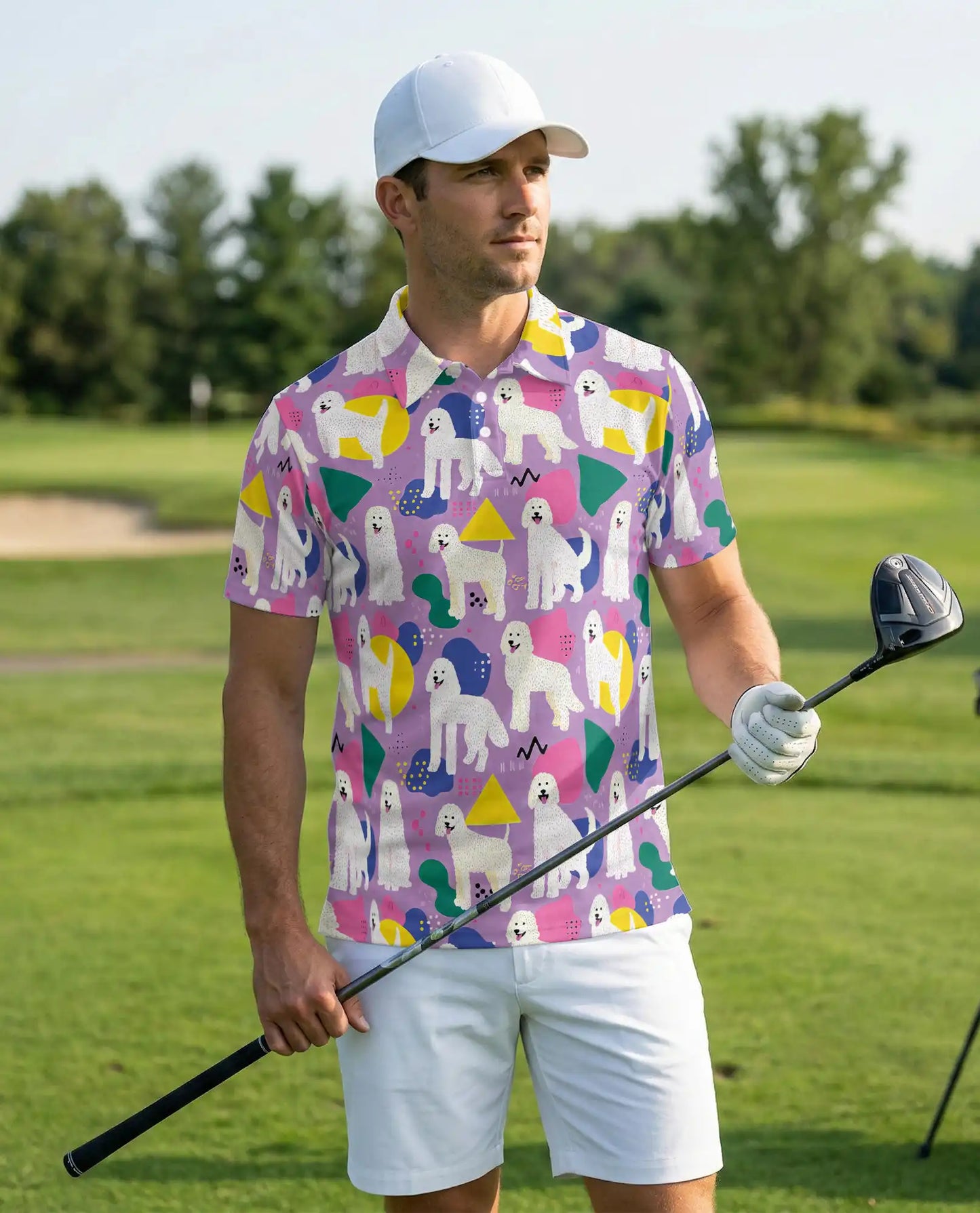 White Poodle Polo Shirt for Men-Retro Pop Art Dog Lover Pattern Shirt | Azhawaiian