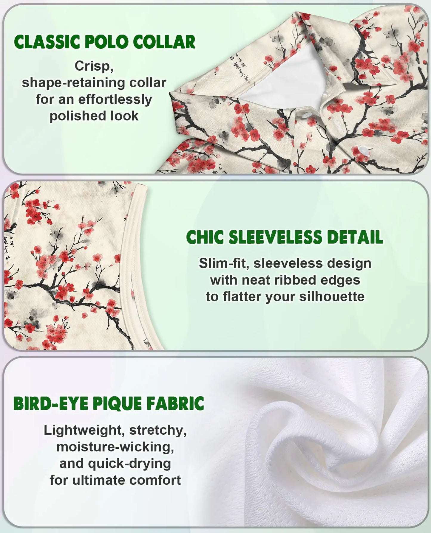 Sumi-e Cherry Blossom Branches Sleeveless Polo Shirt for Women | Azhawaiian