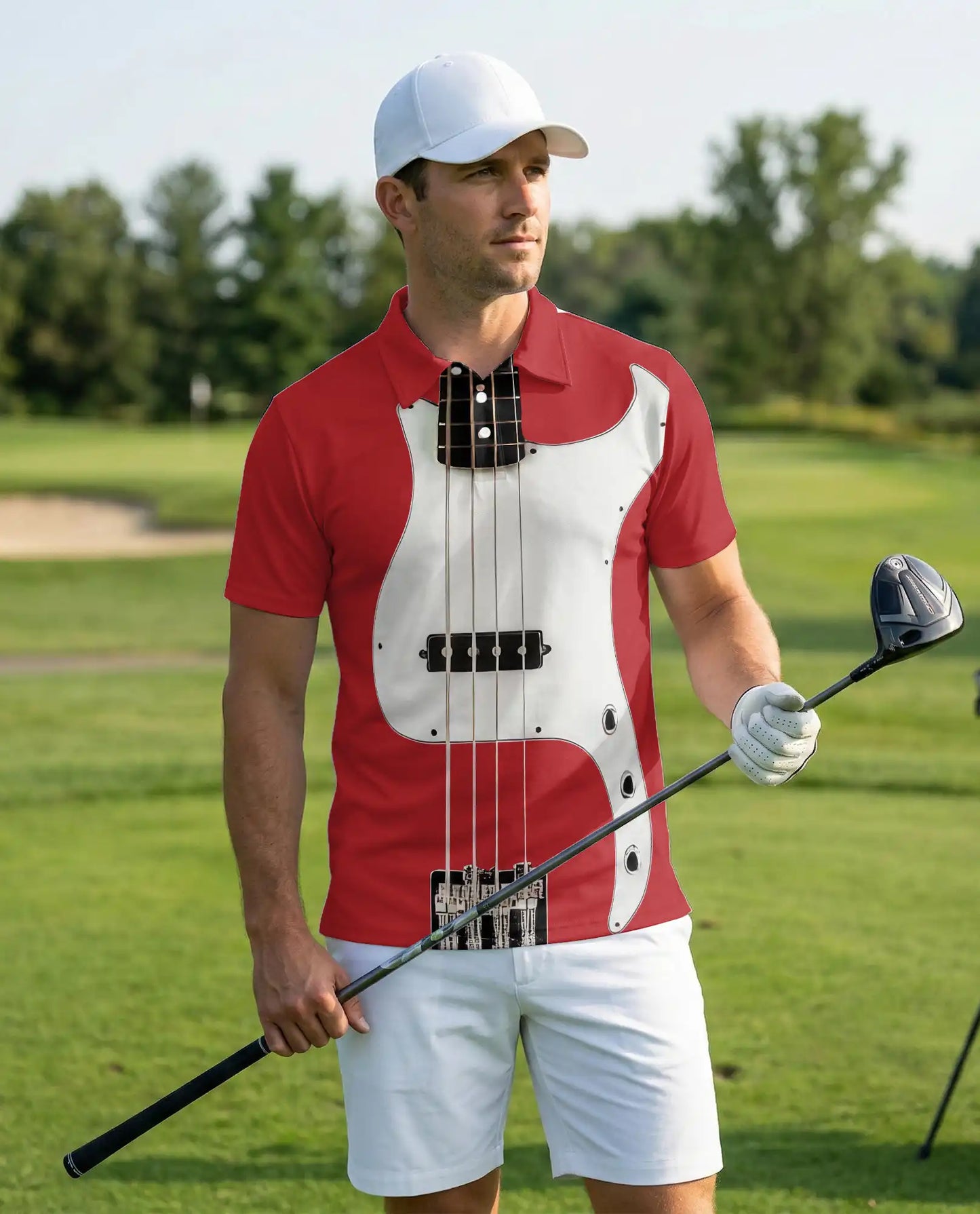 Red Bass Guitar 3D Polo Shirt for Men, Rock Music Instrument Style | Azhawaiian