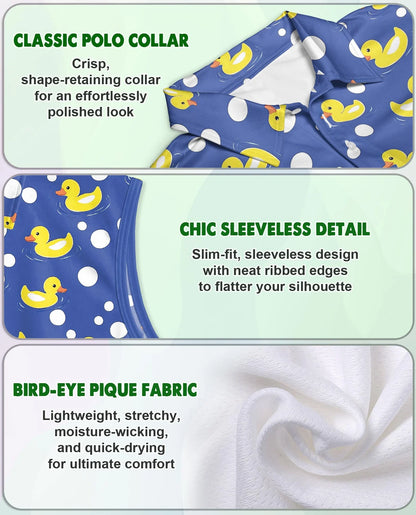 Rubber Duck Polka Dot Sleeveless Polo Shirt for Women, Cute Fun Style | Azhawaiian
