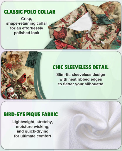Vintage Christmas Collage Sleeveless Polo Shirt for Women | Azhawaiian