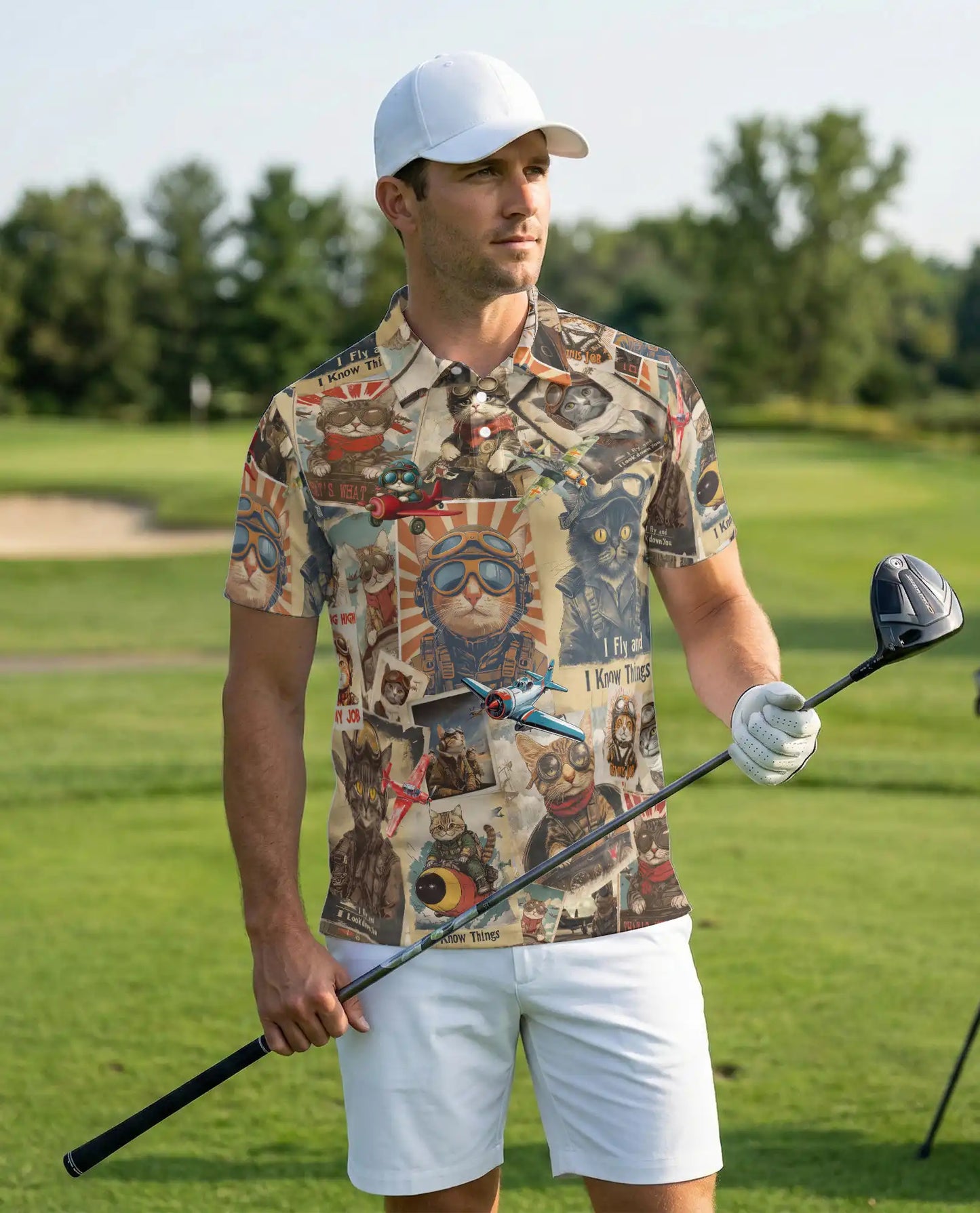 Pilot Cat 3D Polo Shirt for Men, Vintage Aviator Cat Style | Azhawaiian