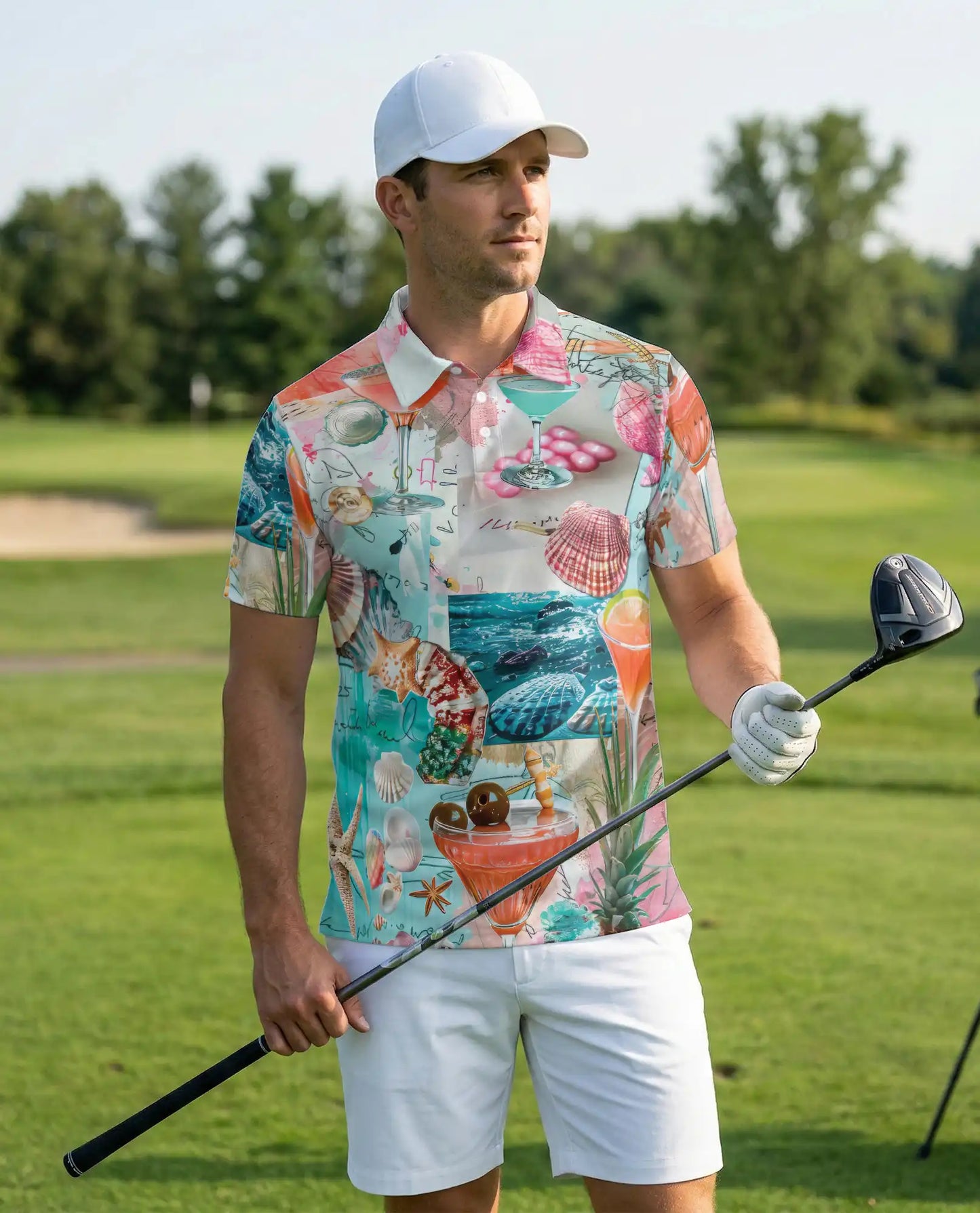 Tropical Beach Cocktail 3D Polo Shirt for Men, Coastal Summer Vacation Style | Azhawaiian