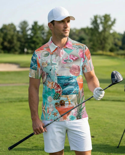 Tropical Beach Cocktail 3D Polo Shirt for Men, Coastal Summer Vacation Style | Azhawaiian