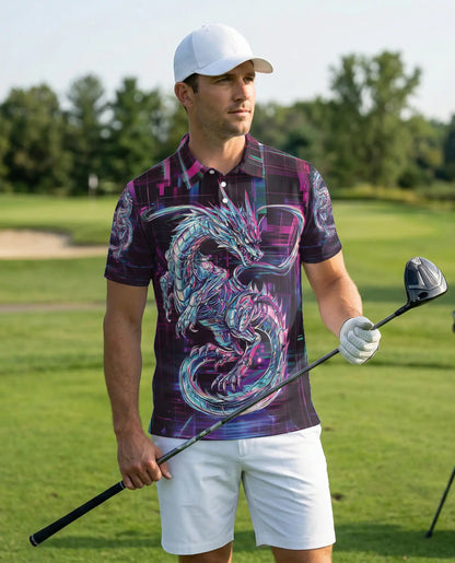 Cyber Dragon 3D Polo Shirt for Men, Neon Futuristic Fantasy Style | Azhawaiian