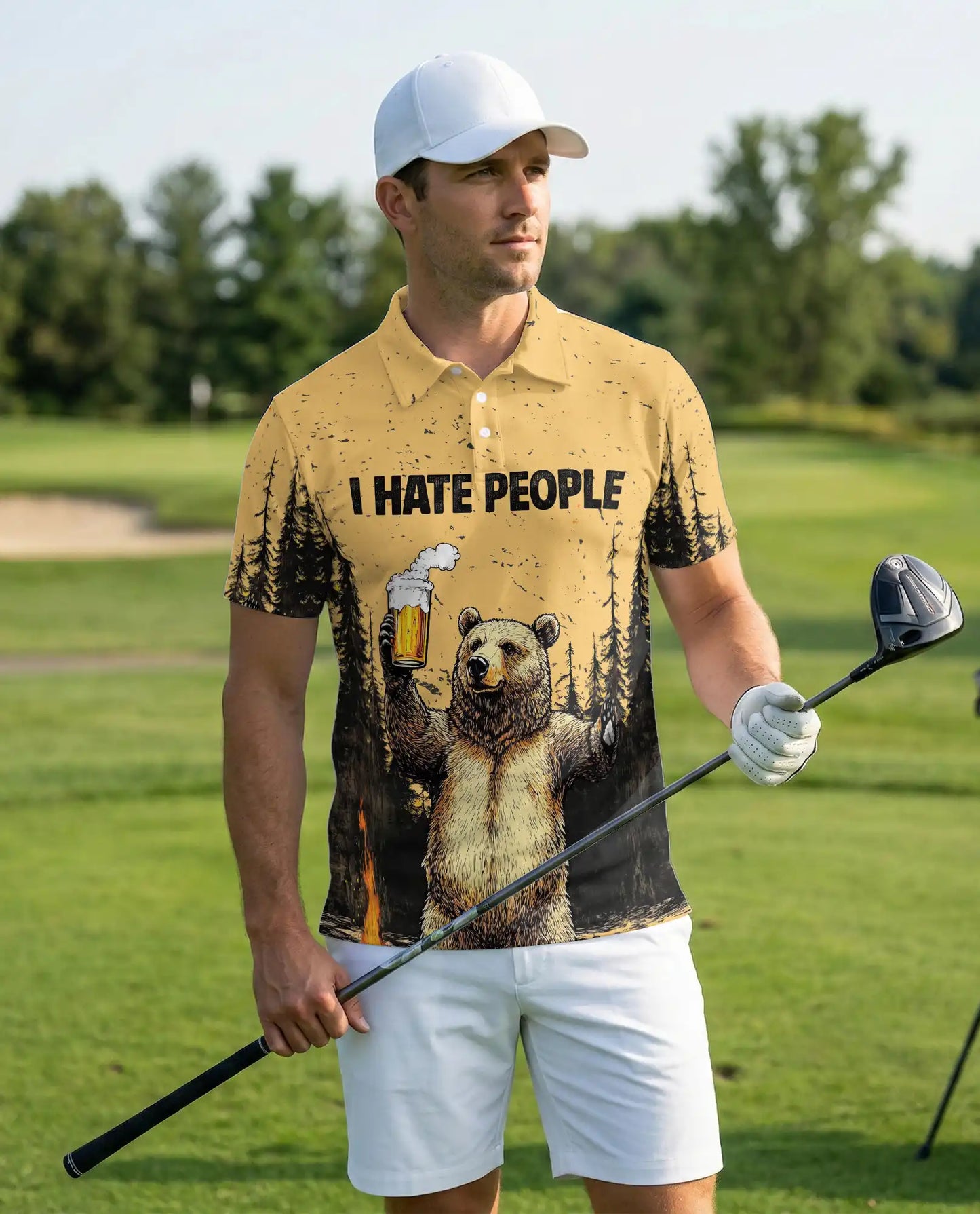 Funny Bear Beer 3D Polo Shirt for Men, Camping Wilderness Humor Style | Azhawaiian