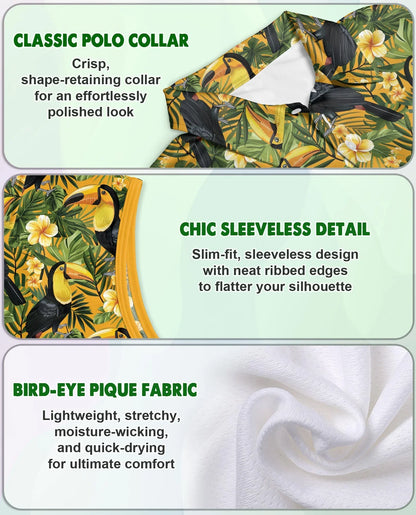 Toucan Tropical Floral Sleeveless Polo Shirt for Women, Exotic Bird Summer Style | Azhawaiian