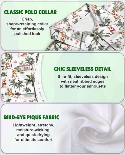 Corgi Palm Tree Pattern Sleeveless Polo Shirt for Women, Tropical Dog Style | Azhawaiian