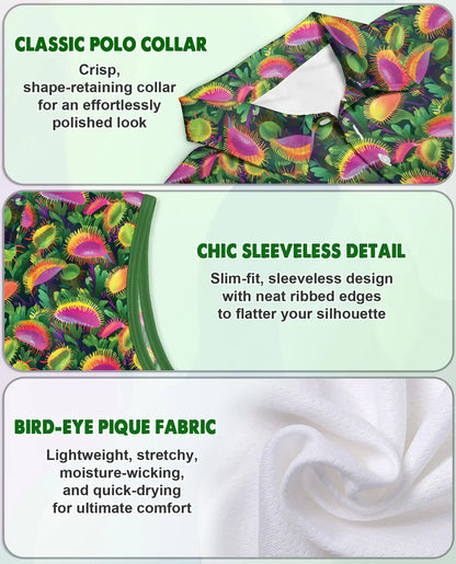 Venus Flytrap Sleeveless Polo Shirt for Women, Exotic Botanical Plant Style | Azhawaiian