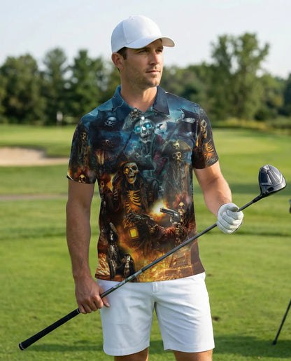 Pirate Skull Polo Shirt, Dark Skeleton Print | Azhawaiian
