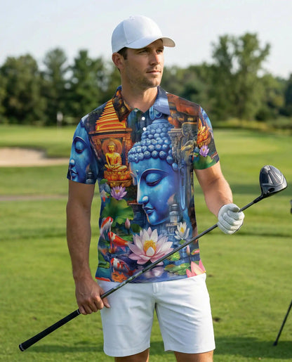 Buddha Lotus 3D Polo Shirt for Men, Spiritual Zen Art Style | Azhawaiian
