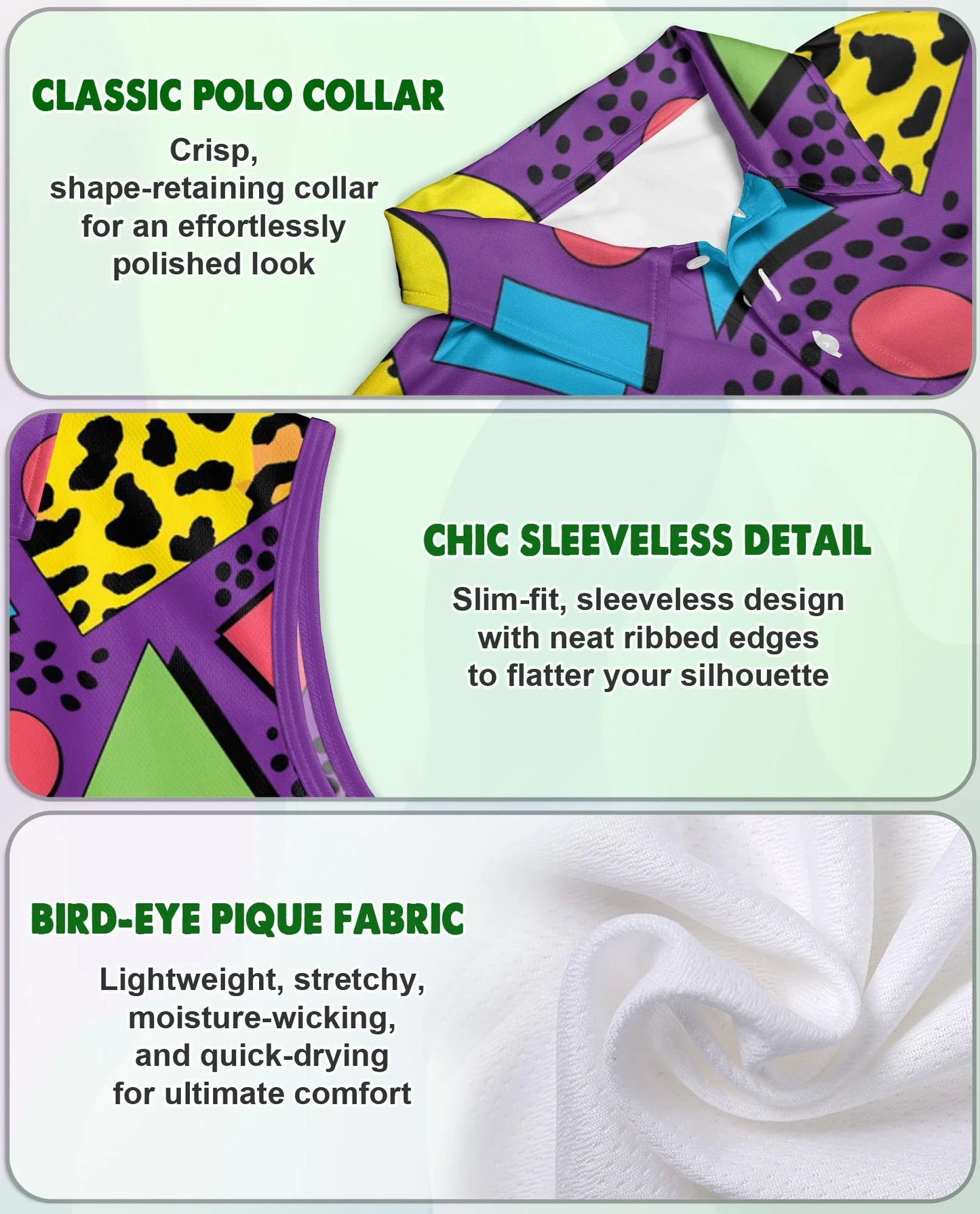 Retro Abstract Shapes Pattern Sleeveless Polo Shirt for Women | Azhawaiian