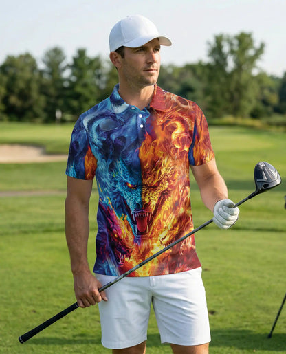 Fire and Ice Dragon 3D Polo Shirt for Men, Fantasy Mythical Beast Style | Azhawaiian