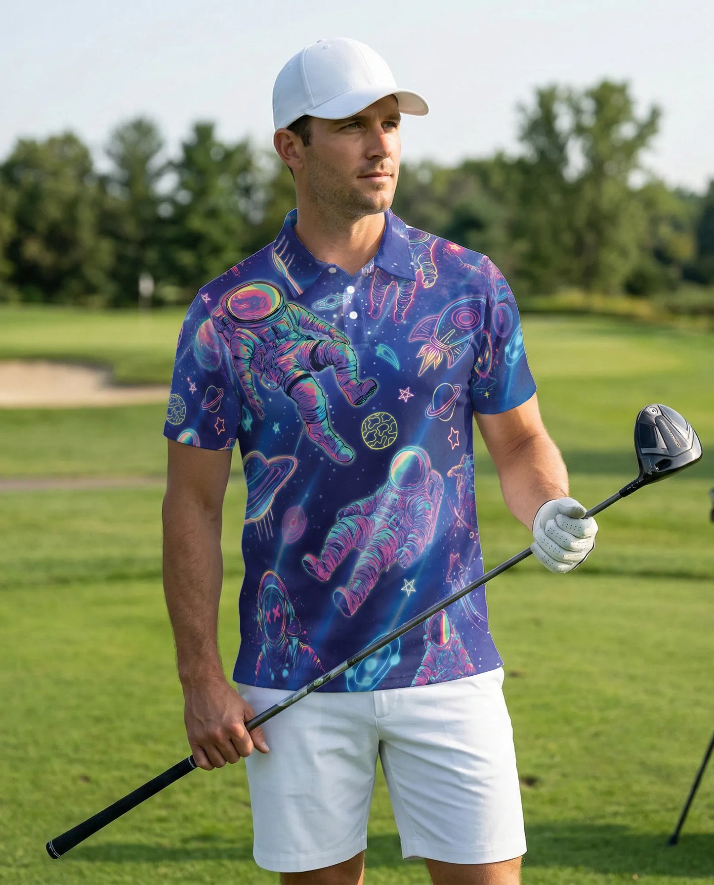 Astronaut Space 3D Polo Shirt for Men, Neon Galaxy Sci-Fi Style | Azhawaiian