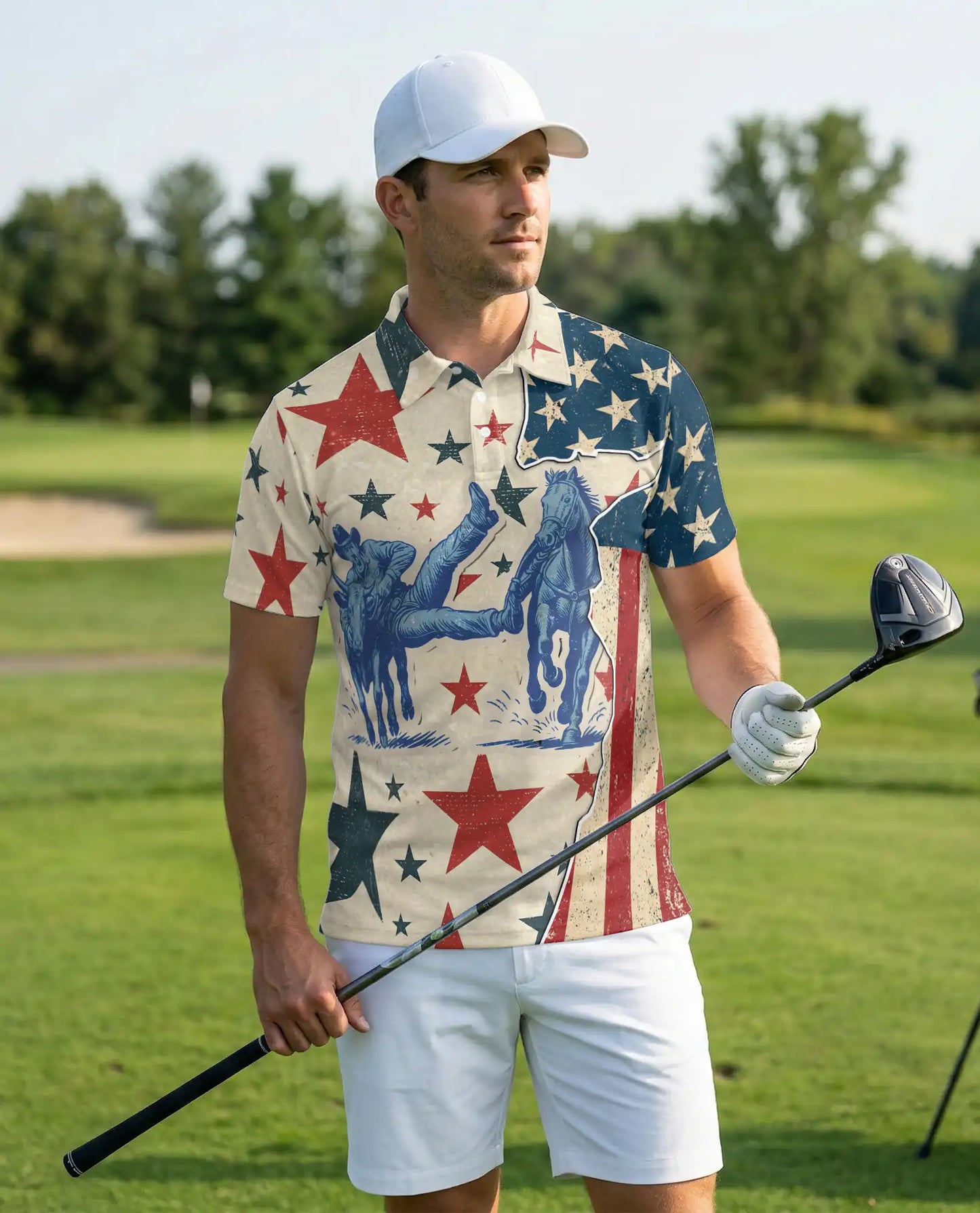 Vintage Cowboy Rodeo Polo Shirt Patriotic Western Stars Print | Azhawaiian