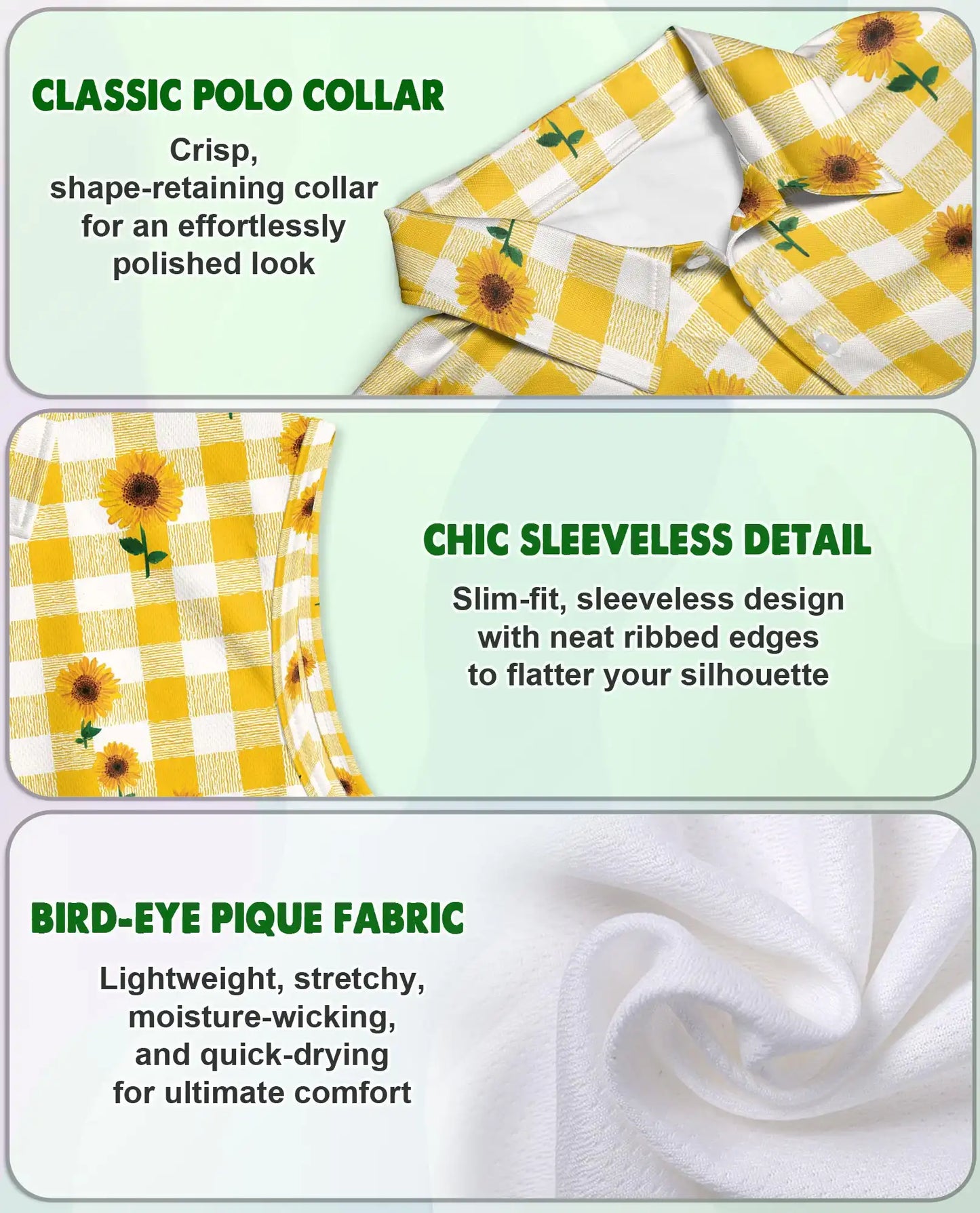 Yellow Gingham Sunflower Sleeveless Polo Shirt for Women | Azhawaiian