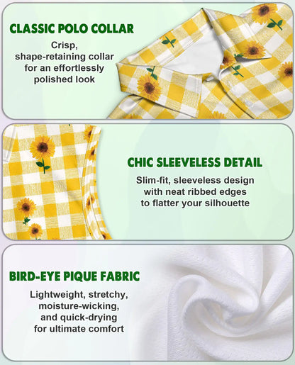 Yellow Gingham Sunflower Sleeveless Polo Shirt for Women | Azhawaiian