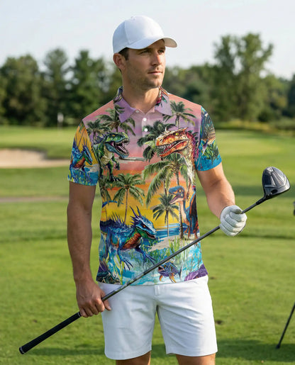 Dinosaur Tropical Polo Shirt, Prehistoric Beach Print | Azhawaiian