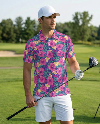 Hibiscus Floral 3D Polo Shirt for Men, Tropical Summer Flower Style | Azhawaiian