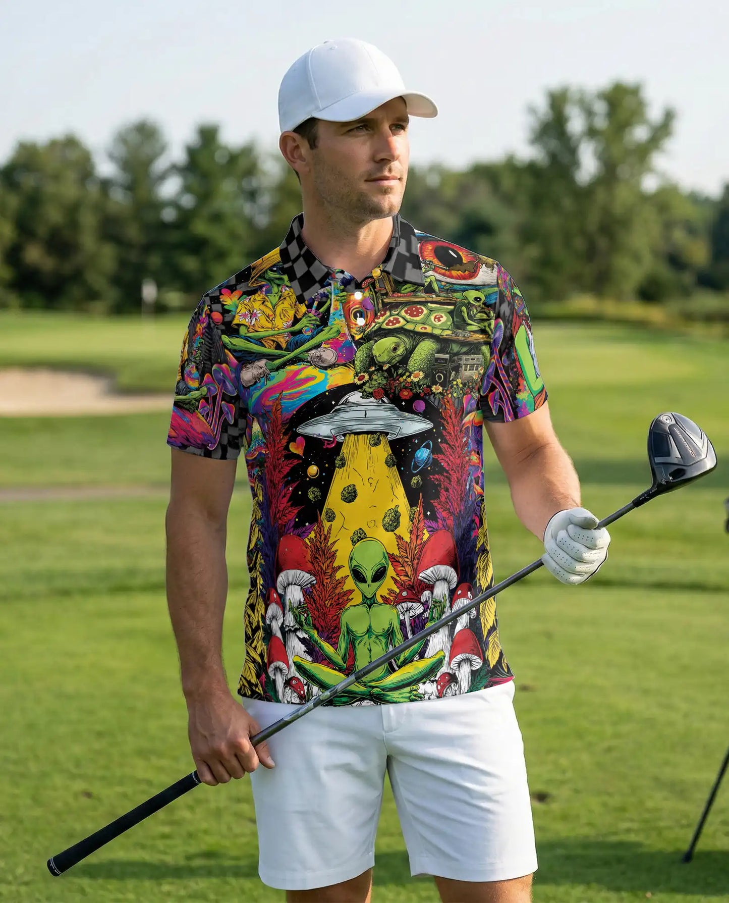Psychedelic Alien Polo Shirt, Cosmic UFO Hippie Style | Azhawaiian