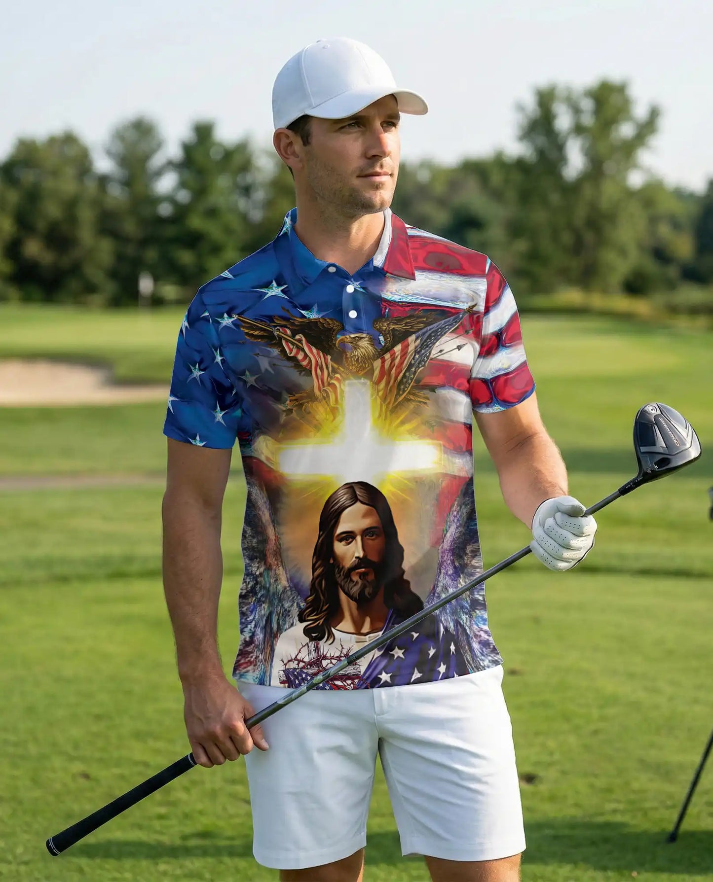 Jesus American Eagle 3D Polo Shirt for Men, Patriotic Christian Faith Style | Azhawaiian