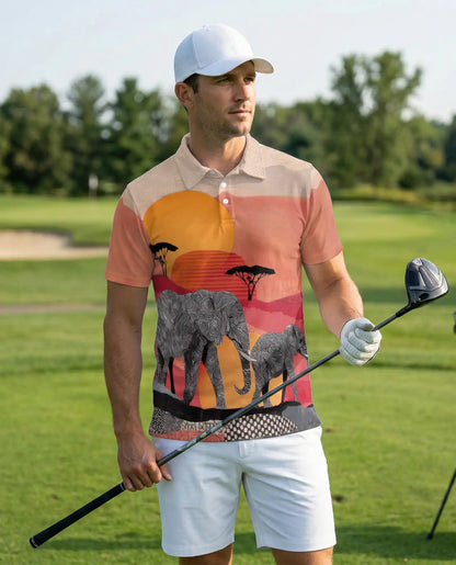 African Elephant Polo Shirt, Safari Sunset Wildlife Print | Azhawaiian
