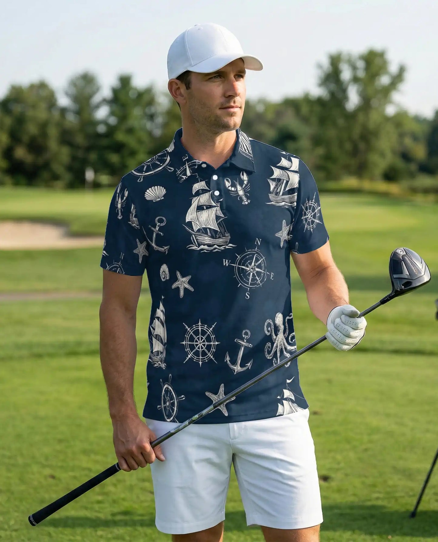 Nautical Sailing Polo Shirt, Vintage Ocean Print | Azhawaiian