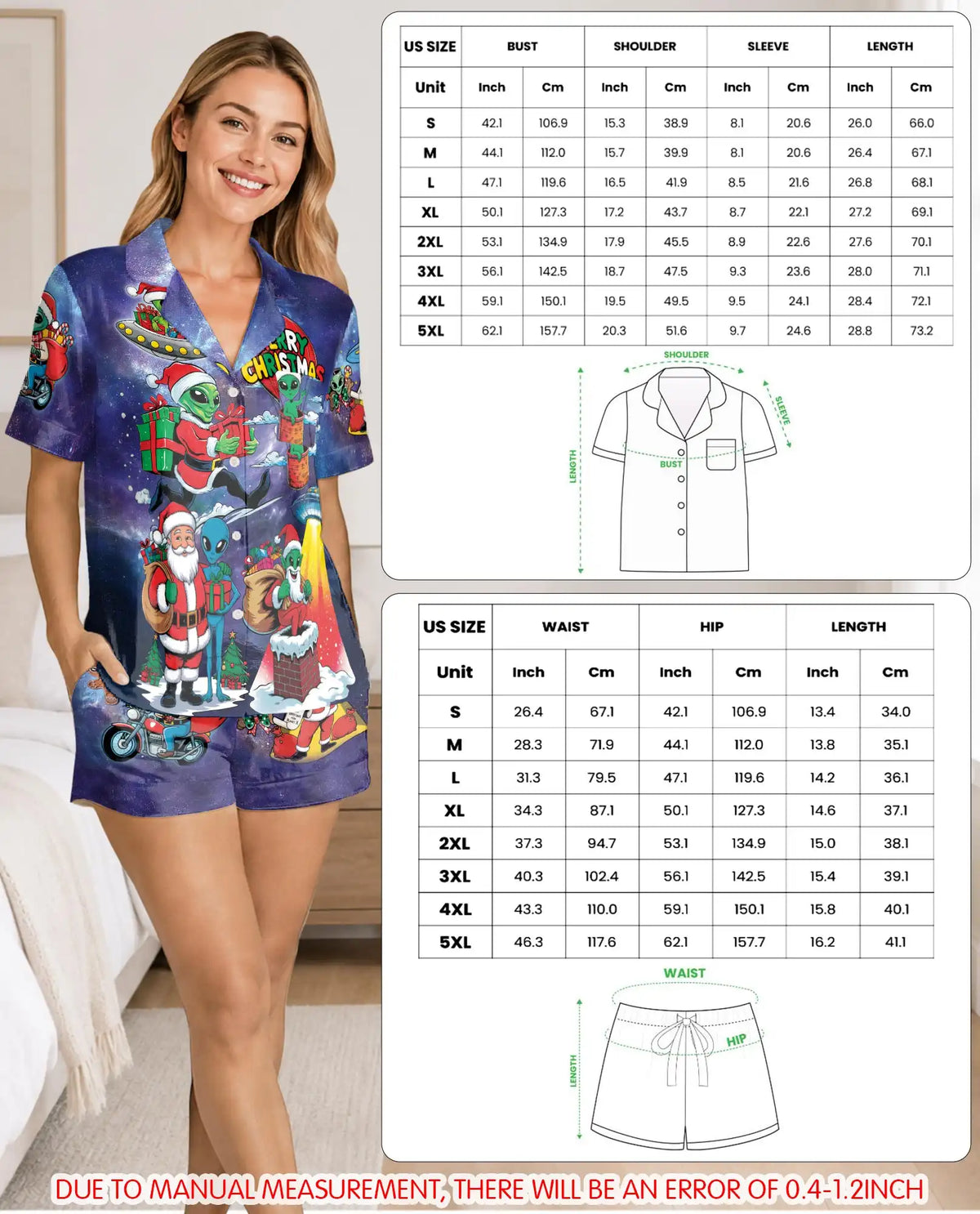 Funny Alien Christmas Pajama Set for Women, Santa Holiday Novelty Sleepwear