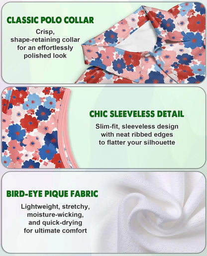 Red And Blue Floral Sleeveless Polo Shirt for Women | Azhawaiian