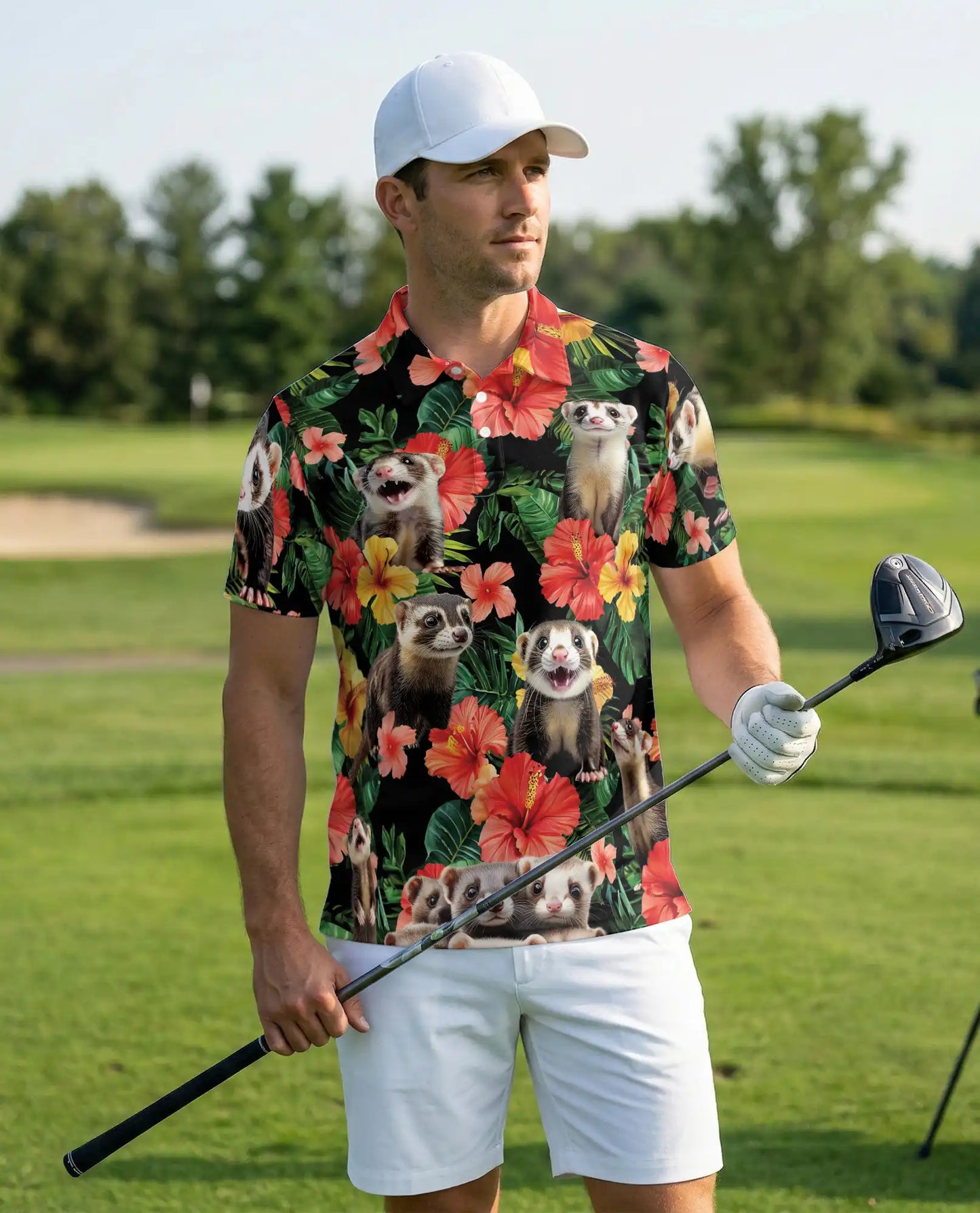 Ferret Hawaiian Polo Shirt, Tropical Floral Style | Azhawaiian