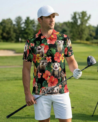 Ferret Hawaiian Polo Shirt, Tropical Floral Style | Azhawaiian