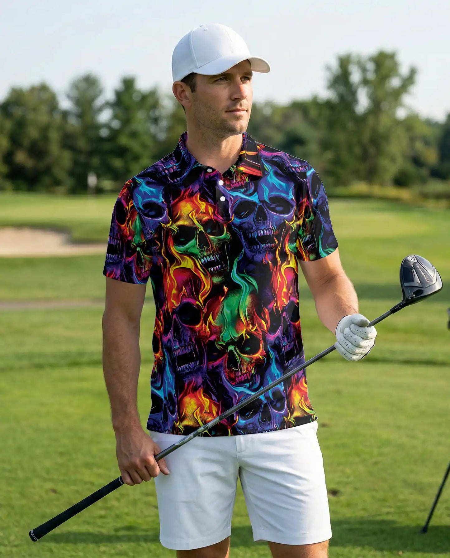Flaming Skull Neon 3D Polo Shirt for Men | Azhawaiian