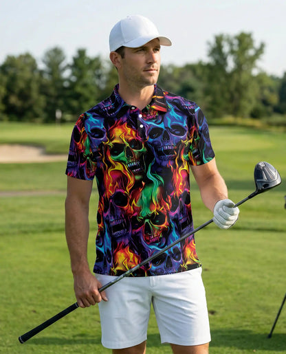Flaming Skull Neon 3D Polo Shirt for Men | Azhawaiian