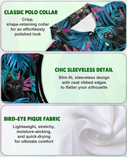 Black Cat Tropical Leaves Sleeveless Polo Shirt for Women| Azhawaiian