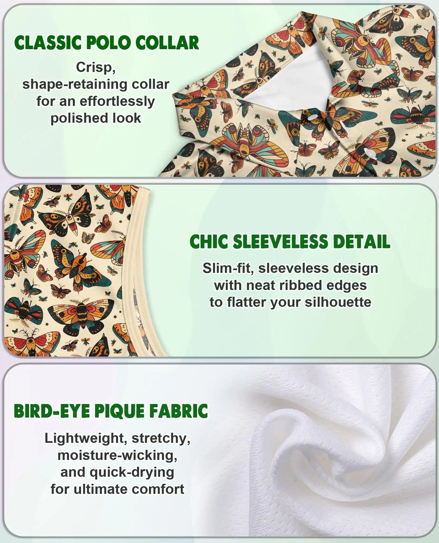Antique Butterfly Chart Pattern Sleeveless Polo Shirt for Women | Azhawaiian