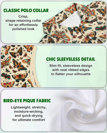 Antique Butterfly Chart Pattern Sleeveless Polo Shirt for Women | Azhawaiian