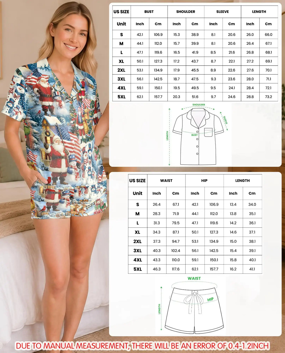 Patriotic Santa Snowman Pajama Set for Women – American Flag Christmas Print